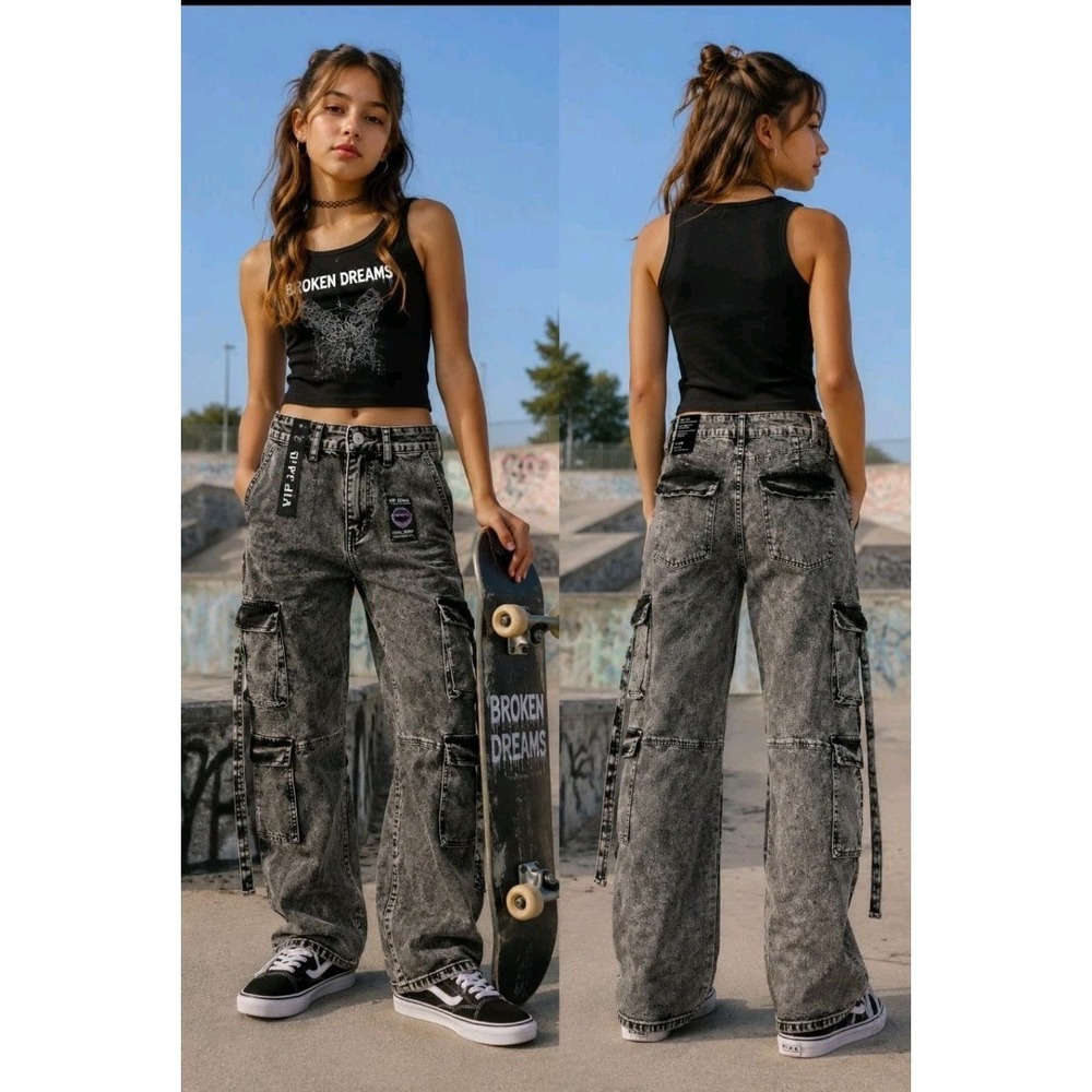 NWT VIP Jeans Cargo Pants Size 13/14 Gray Wash Tech Pocket Street Rave Sk8 Y2K